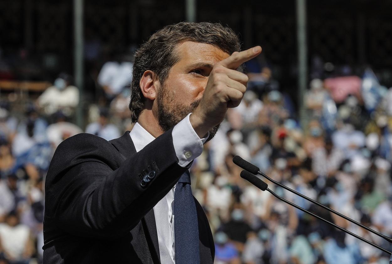 El presidente del PP, Pablo Casado, en el acto de clausura de la Convención Nacional del PP, en la Plaza de Toros de Valencia. Fuente: Europa Press.