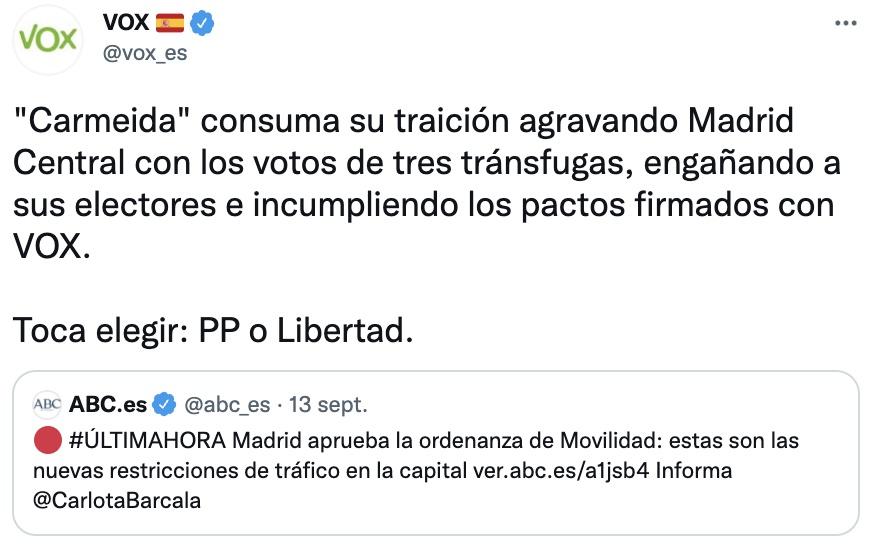 Tuit de Vox sobre la nueva ordenanza de movilidad de Madrid