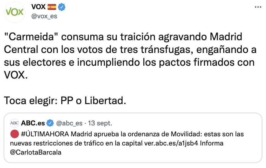 Tuit de Vox sobre la nueva ordenanza de movilidad de Madrid Tuit de Vox sobre la nueva ordenanza de movilidad de Madrid
