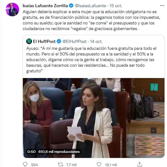 Respuesta de Isaías Lafunte a Isabel Díaz Ayuso por sus declaraciones sobre la educación