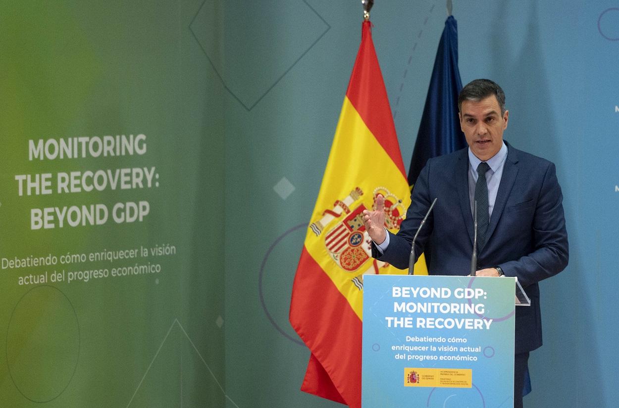 El presidente del Gobierno, Pedro Sánchez, clausura el seminario 'Monitoring the recovery: beyond GDP'. Fuente: Europa Press.