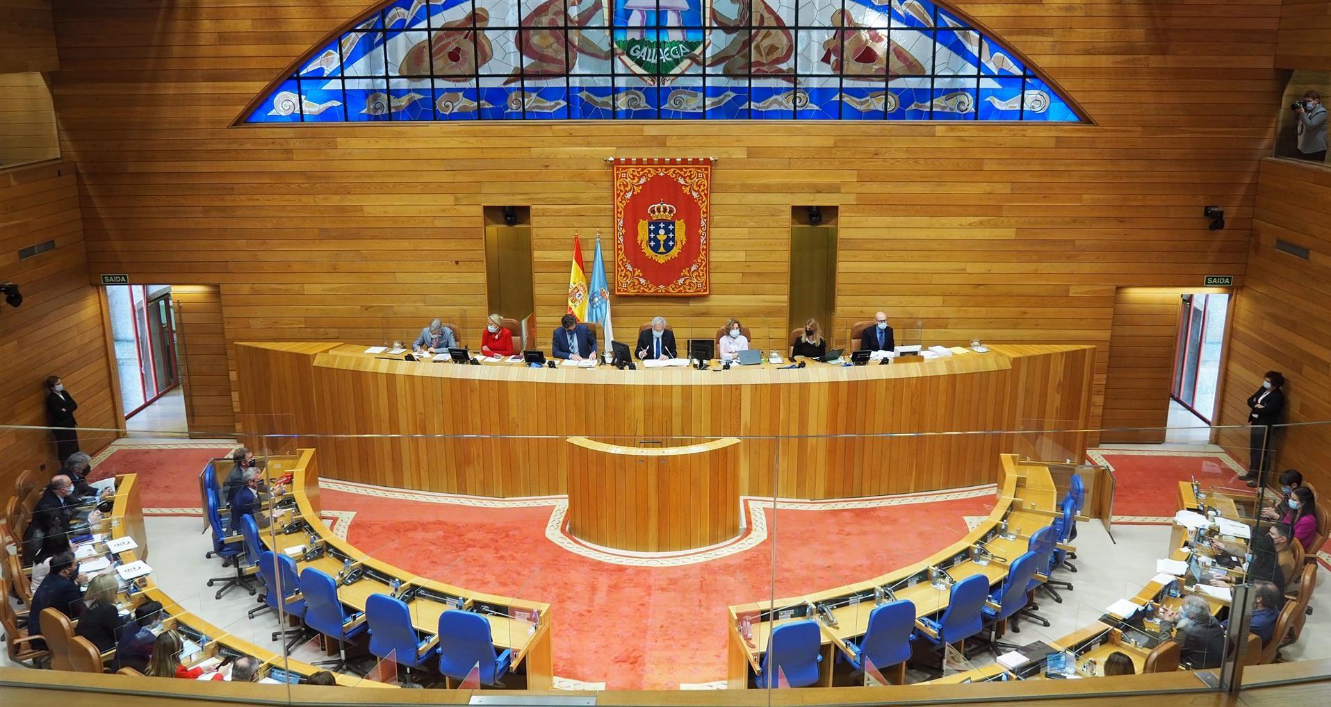 Momento de la lectura esta mañana de la declaración institucional contra las expresiones relativas a Galicia utilizadas por una jueza de Marbella (Foto: Parlamento de Galicia).
