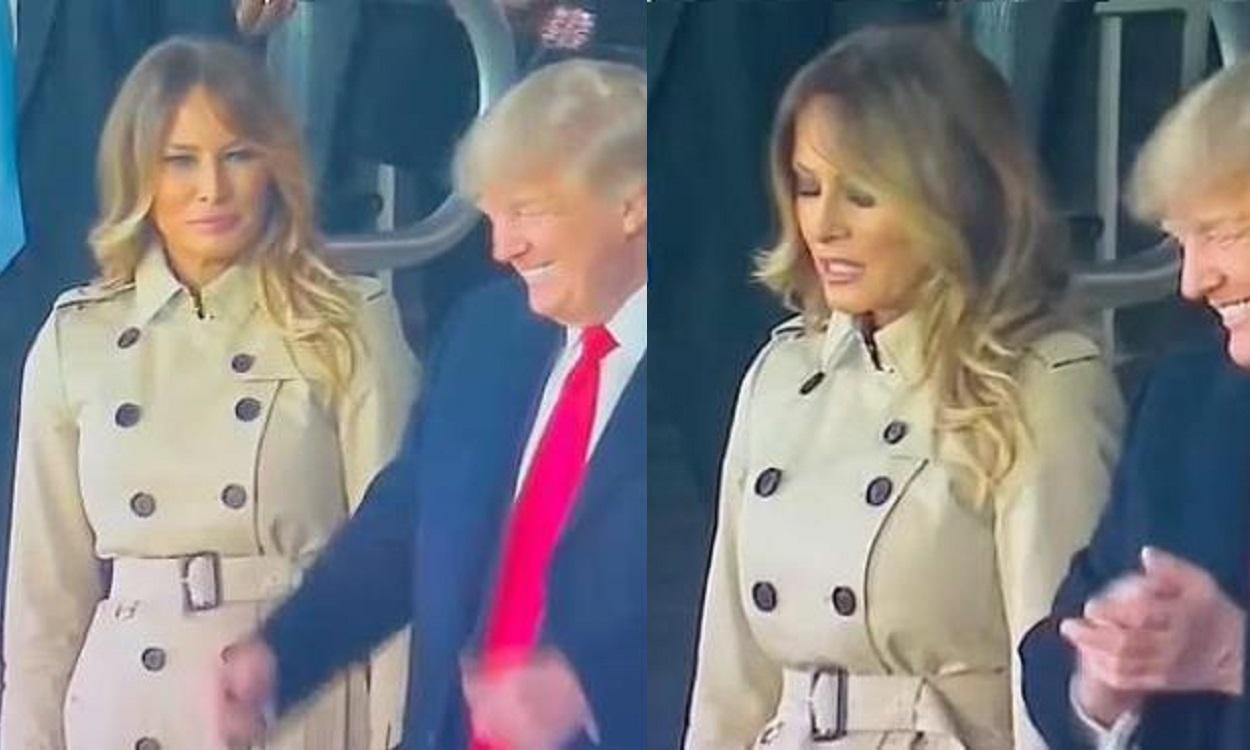 Fragmento del gesto de Melania a Donald Trump durante un partido de béisbol. Twitter