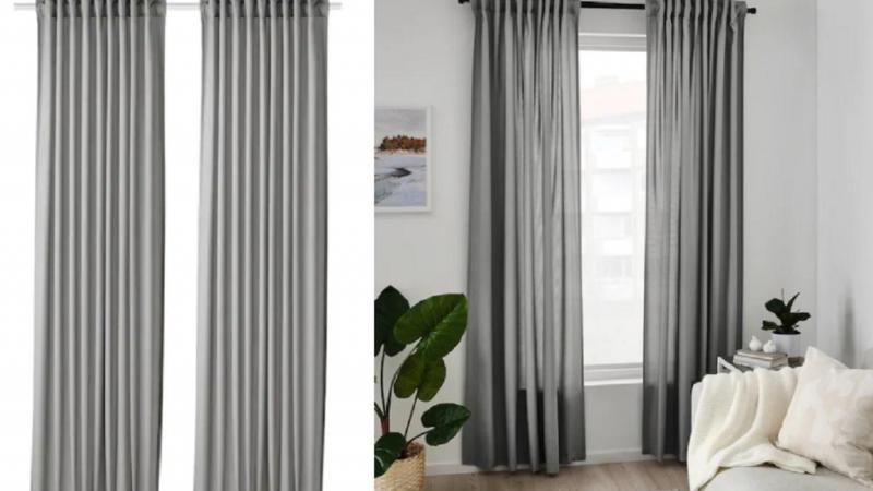 Fotografía de las cortinas de absorción de sonidos en color gris. Ikea