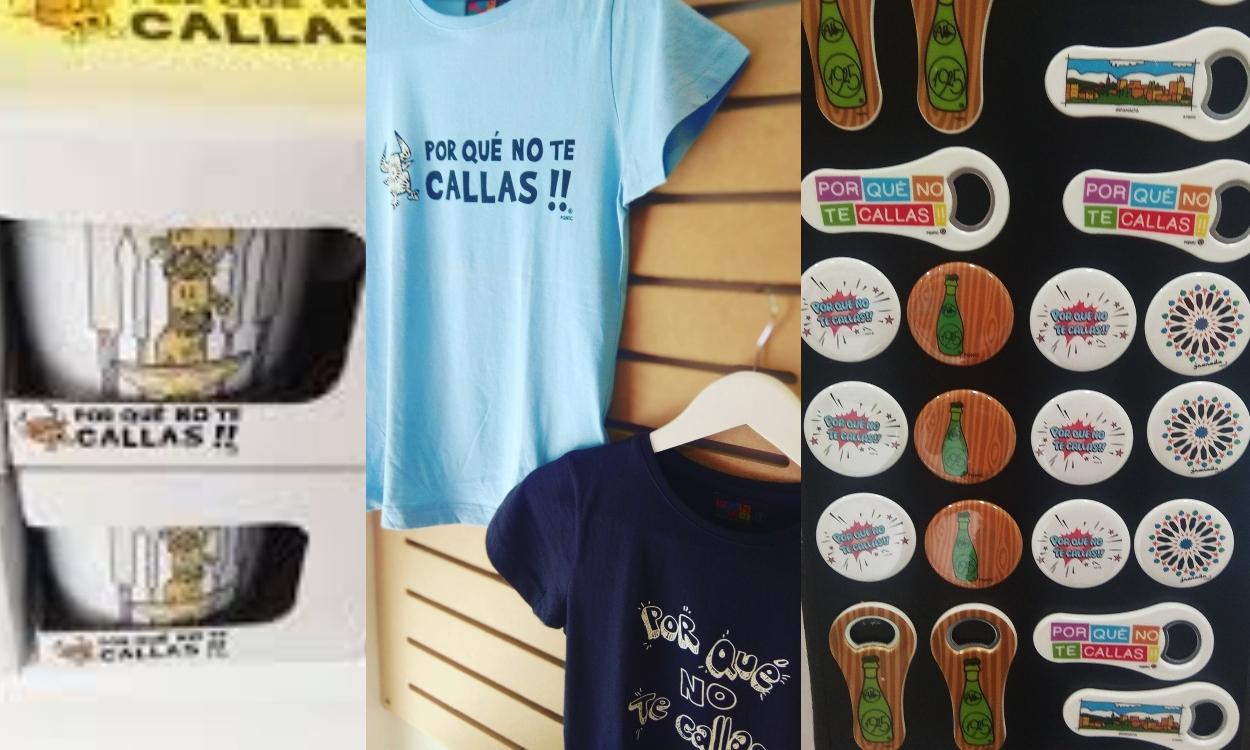 Fotomontaje con objetos de merchandising con la frase '¿Por qué no te callas?'. Fuente: elaboración propia.