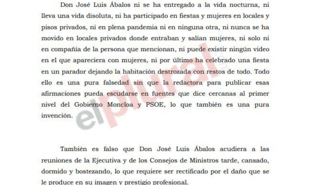 Captura del requerimiento jurídico elaborado por los servicios jurídicos de José Luis Ábalos 2