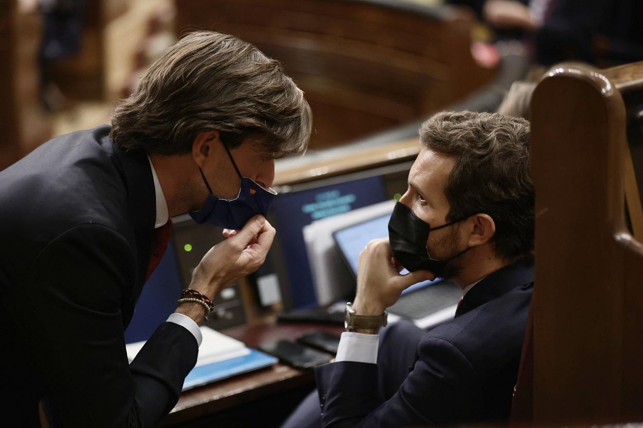 El vicesecretario de Comunicación del PP, Pablo Montesinos (i), conversa con el líder del PP, Pablo Casado, en una sesión plenaria en el Congreso de los Diputados. Fuente: Europa Press.