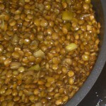 Ensalada de lentejas y pollo al vino con cebolletas