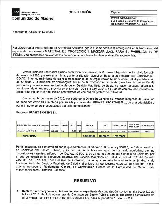 Captura de la resolución del contrato por vía de emergencia con el empresario amigo de Ayuso Captura de la resolución del contrato por vía de emergencia con el empresario amigo de Ayuso