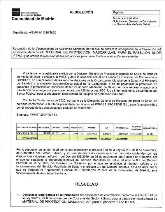 Captura de la resolución del contrato por vía de emergencia con el empresario amigo de Ayuso