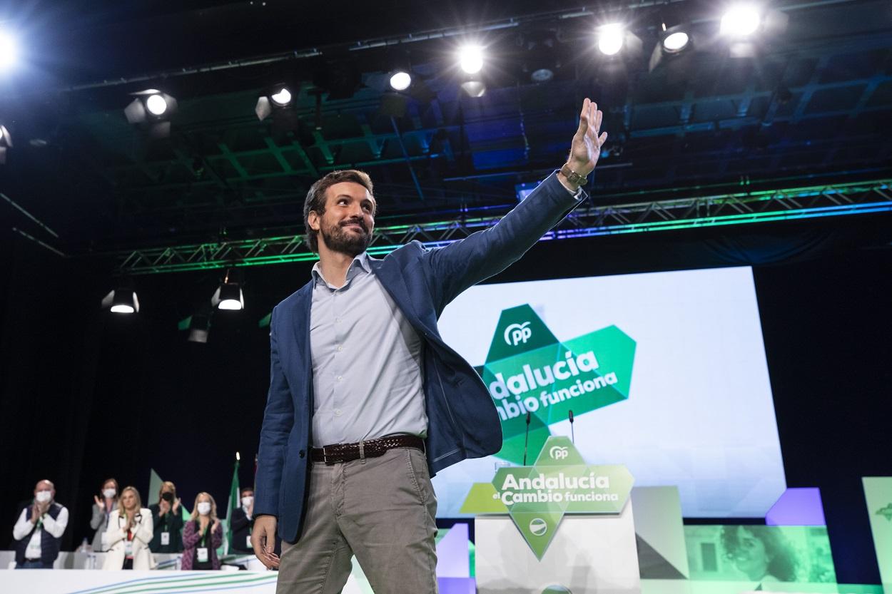 El presidente del PP nacional, Pablo Casado, durante su intervención en la clausura del XVI Congreso Autonómico del PP de Andalucía. Fuente: Europa Press.