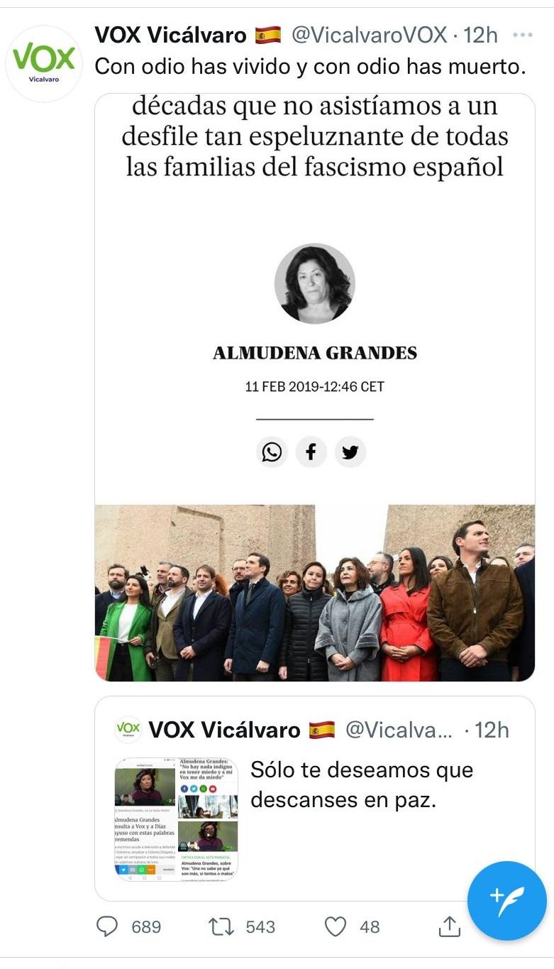 El miserable mensaje de Vox ante la muerte de Almudena Grandes