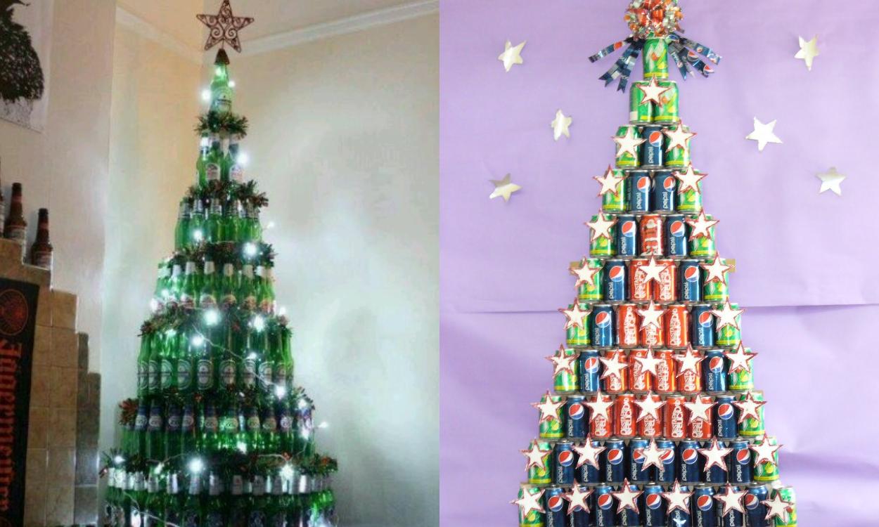 Árbol de Navidad de latas y botellas. Pinterest