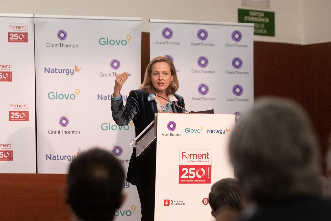 La vicepresidenta primera del Gobierno y ministra de Asuntos Económicos y Transformación Digital, Nadia Calviño, en la inauguración del encuentro 'Next Generation: EU una oportunidad para la innovación, la sostenibilidad y el crecim