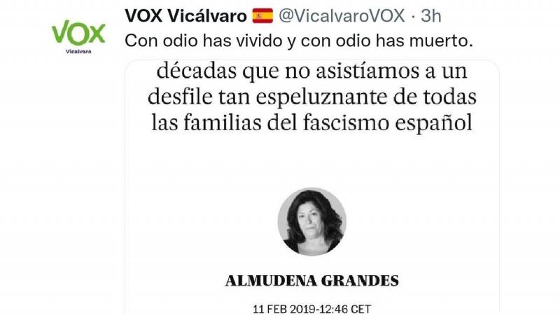 Lamentable 'tuit' de Vox Vicálvaro sobre Almudena Grandes. Twitter Lamentable 'tuit' de Vox Vicálvaro sobre Almudena Grandes. Twitter