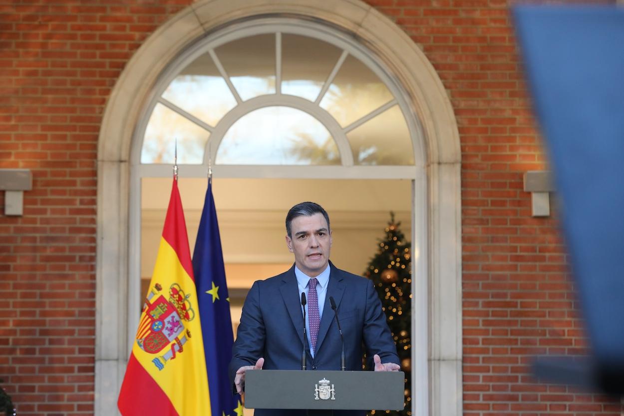 El presidente del Gobierno, Pedro Sánchez, durante una declaración institucional, en el Palacio de la Moncloa