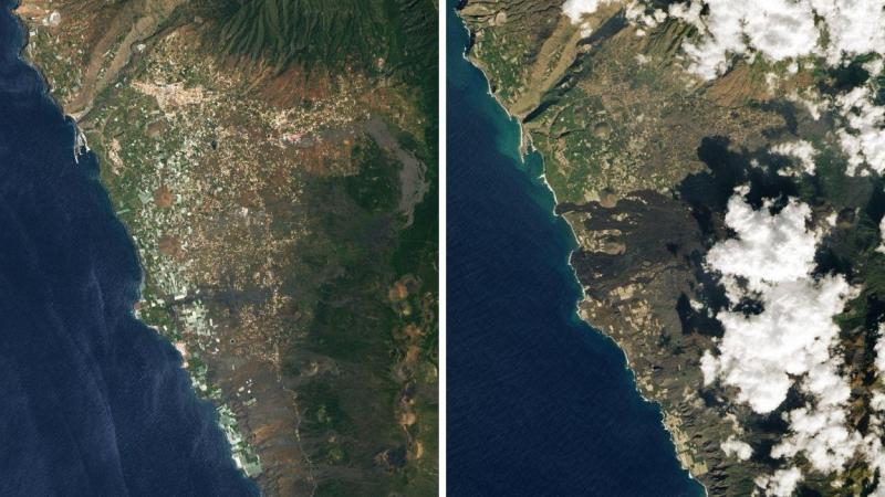 Antes y después de la erupción de La Palma. Fuente: NASA.