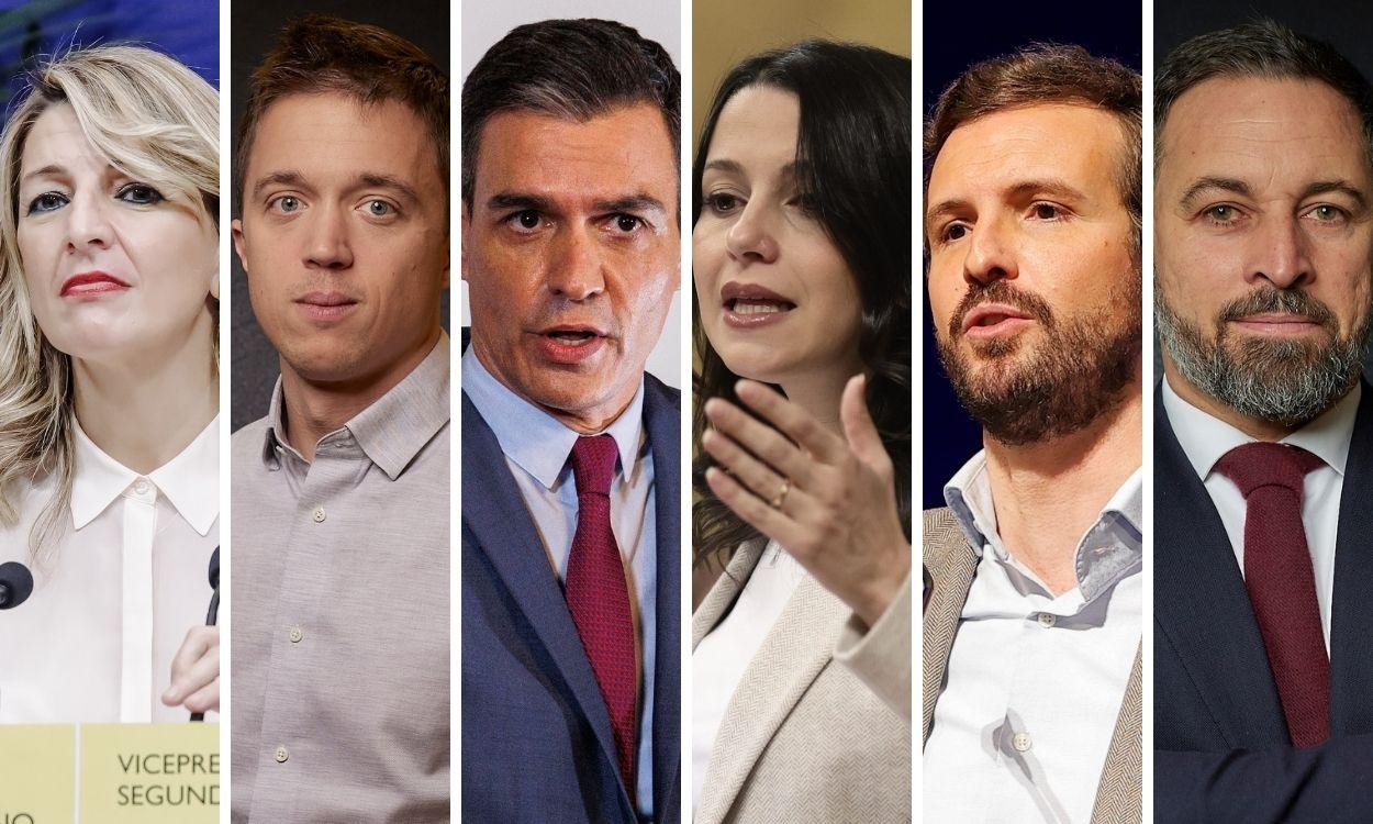 Yolanda Díaz, Íñigo Errejón, Pedro Sánchez, Inés Arrimadas, Pablo Casado y Santiago Abascal