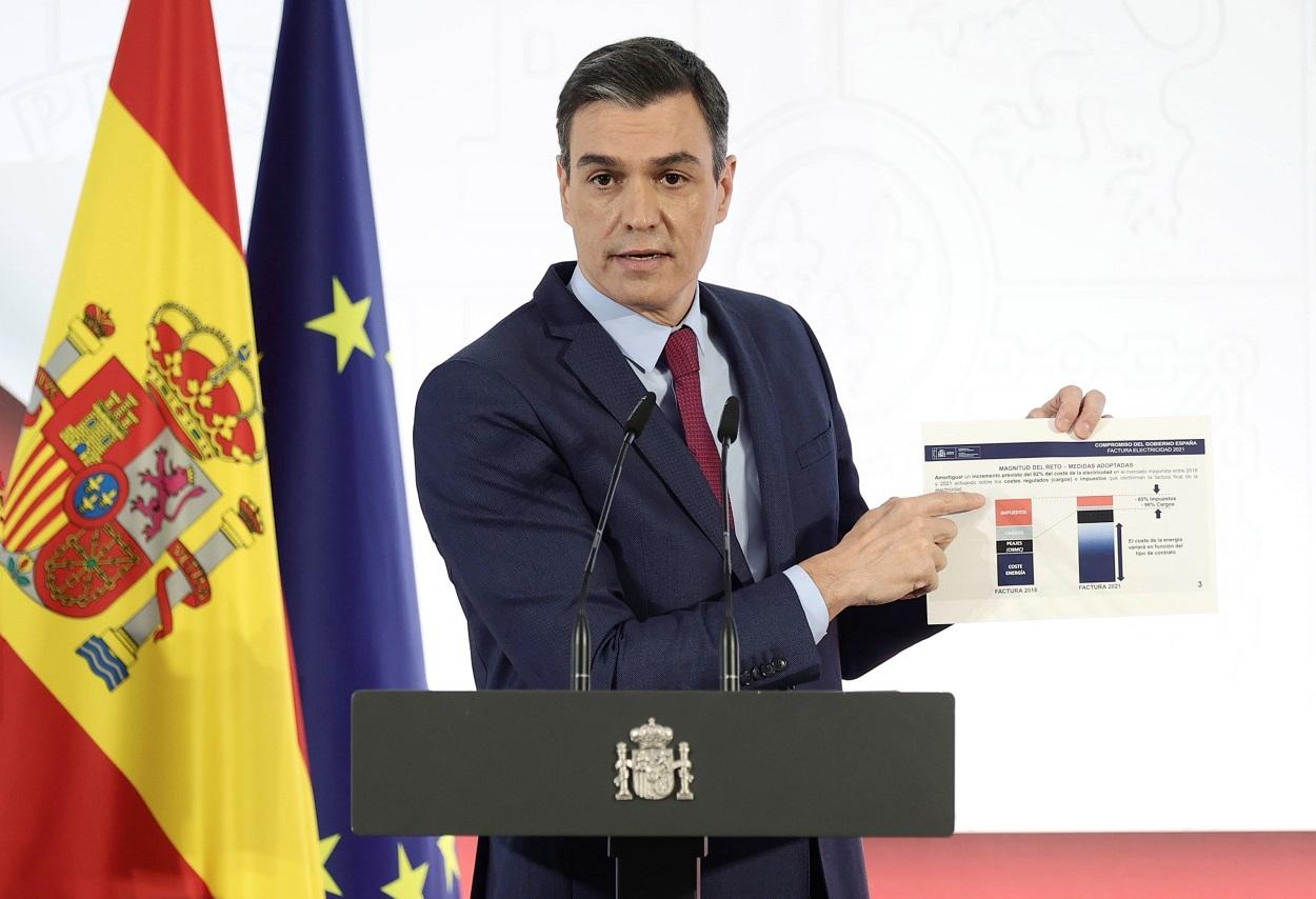 El presidente del Gobierno, Pedro Sánchez, explica los componentes de la factura de la luz. Europa Press