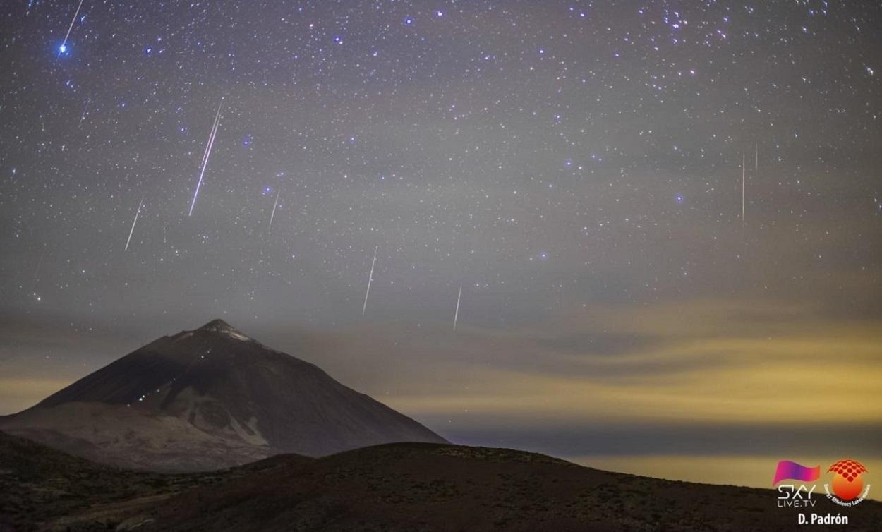 Composición con la lluvia de estrellas capturada por el videomaker de sky live.Tv, D. Padrón, durante la noche del 13 al 14 de diciembre de 2021, desde el Observatorio del Teide (Tenerife, Canarias).EP