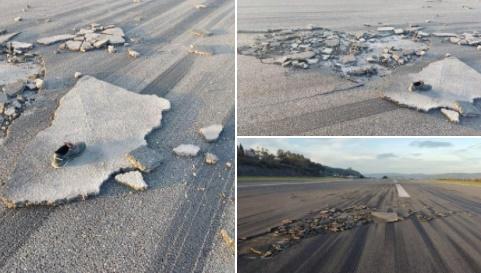 Imagen del socavón de la pista que ha obligado a cancelar los vuelos en el aeropuerto de Vigo