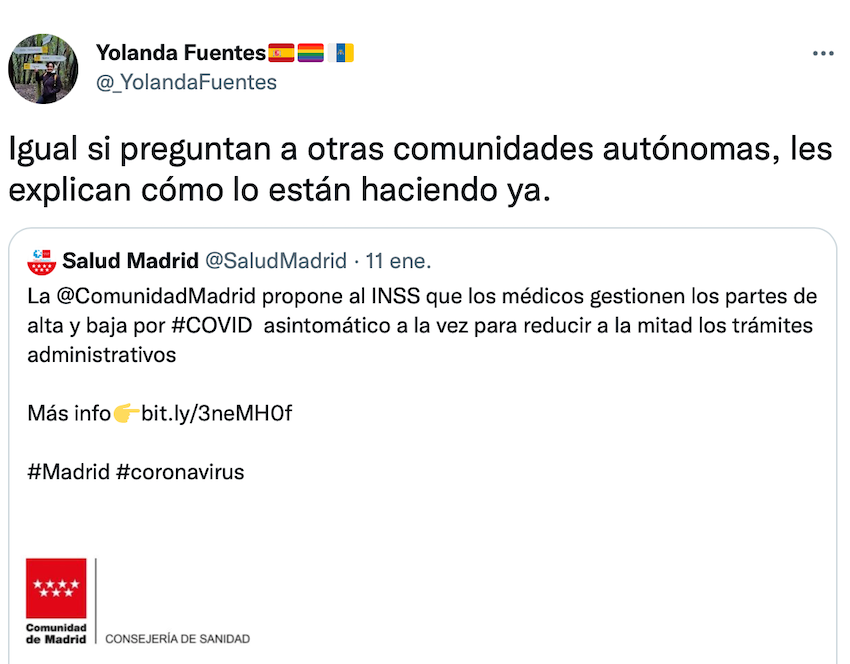 Tuit de Yolanda Fuentes contra Ayuso