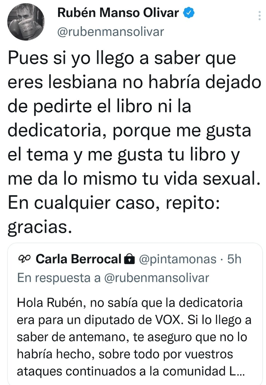 Pantallazo del tuit de Rubén Manzo como respuesta a Carla Berrocal