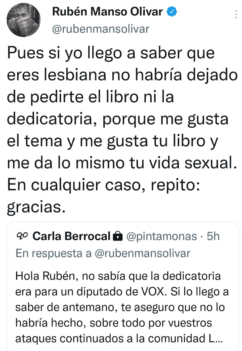 Pantallazo del tuit de Rubén Manzo como respuesta a Carla Berrocal Pantallazo del tuit de Rubén Manzo como respuesta a Carla Berrocal