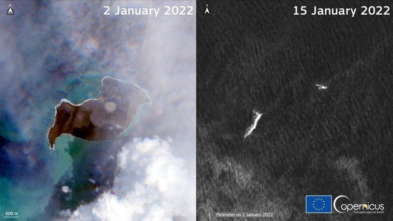 Imagen satelital de la isla del volcán Hunga Tonga antes y después del 15 de enero. COPERNICUS