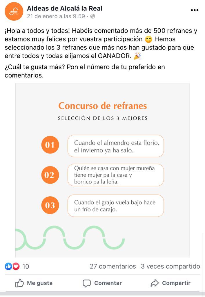 Mensaje de la cuenta de Facebook en el que se anuncian los tres ganadores Mensaje de la cuenta de Facebook en el que se anuncian los tres ganadores