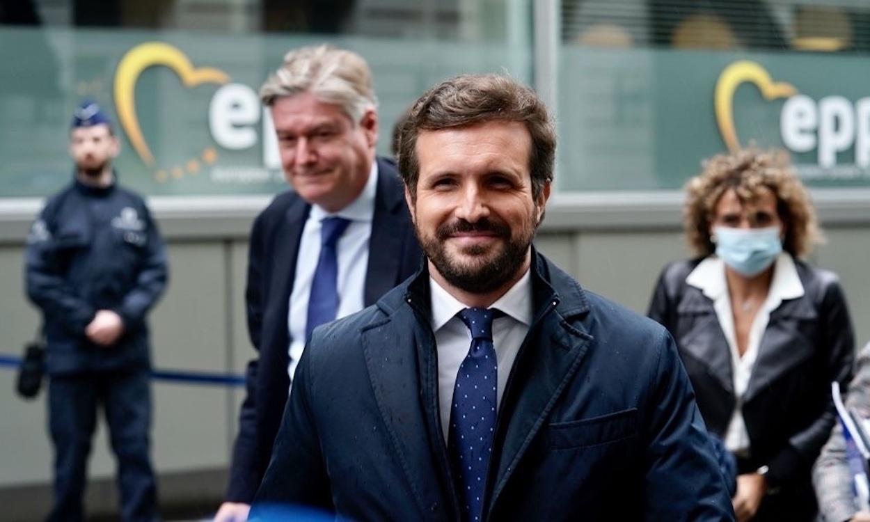 El presidente del PP, Pablo Casado, a su llegada al Consejo Europeo en Bruselas, 21 de octubre de 2021.