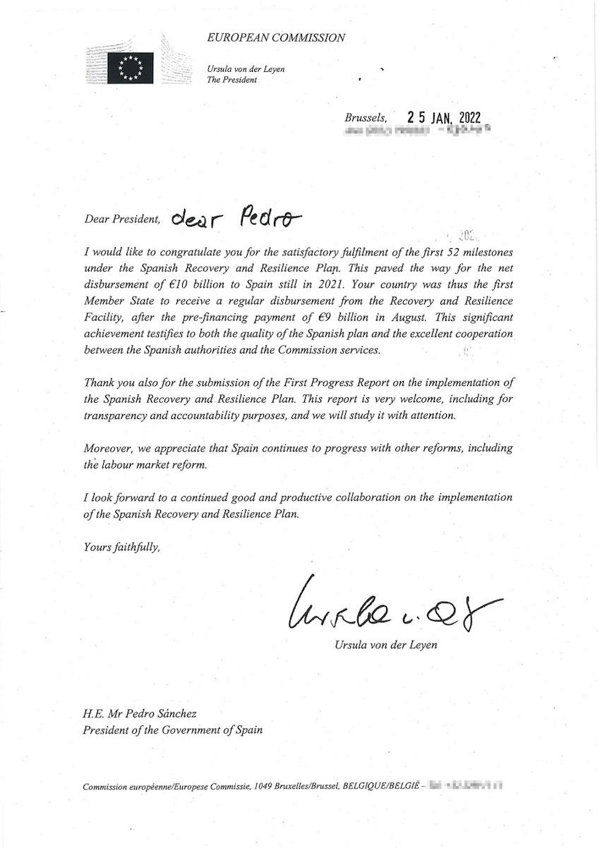 Imagen de la carta de Ursula Von der Leyen a Pedro Sánchez