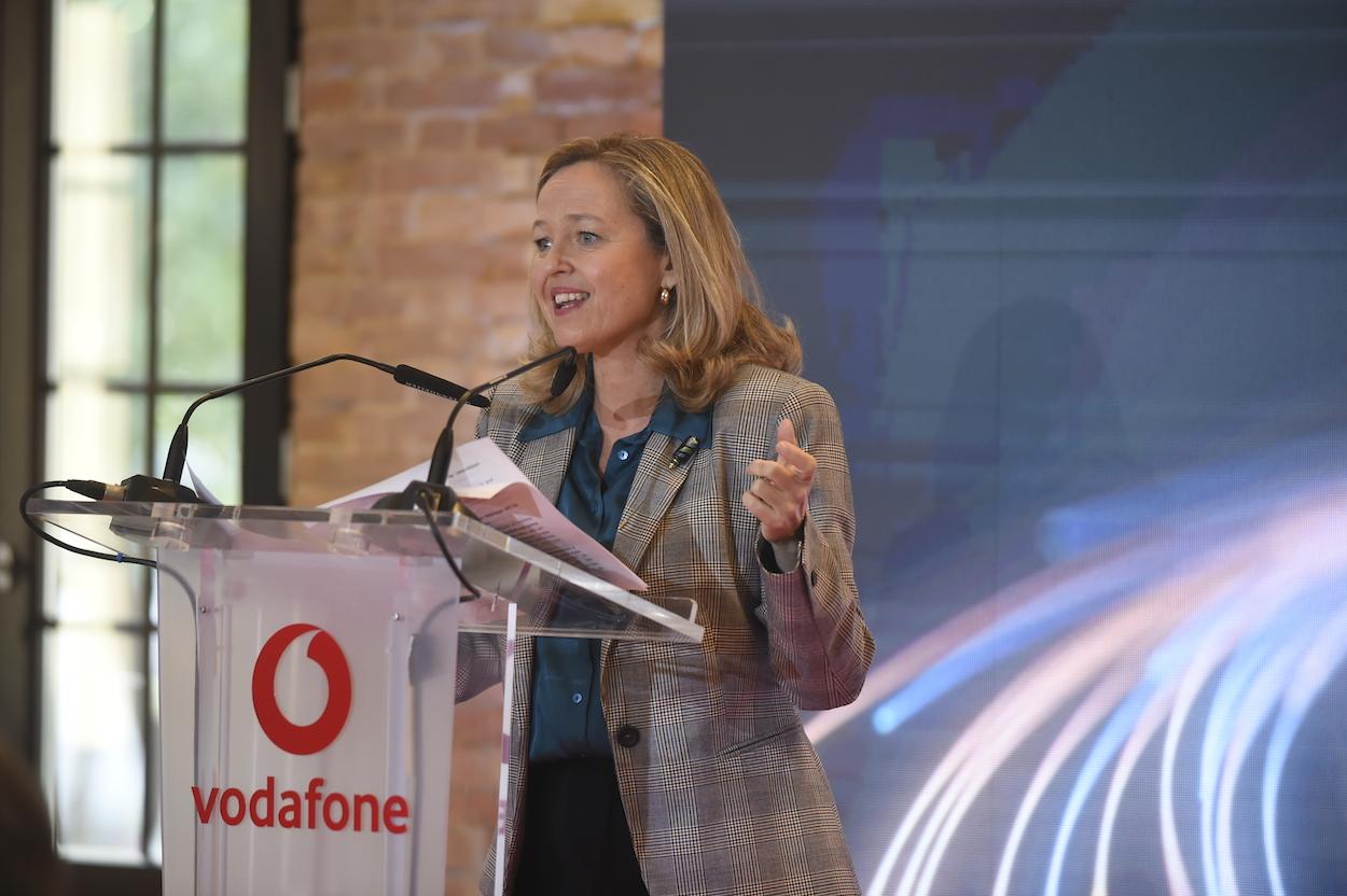 La vicepresidenta Nadia Calviño, en el acto de hoy en Málaga. ÁLEX ZEA/EP