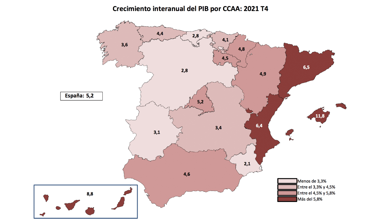 Mapa del crecimiento interanual del PIB en las comunidades autónomas. AIReF