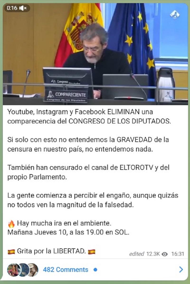 Alvise Pérez acusa en Telegram a Youtube de censura por retirar el vídeo del profesor Laporte