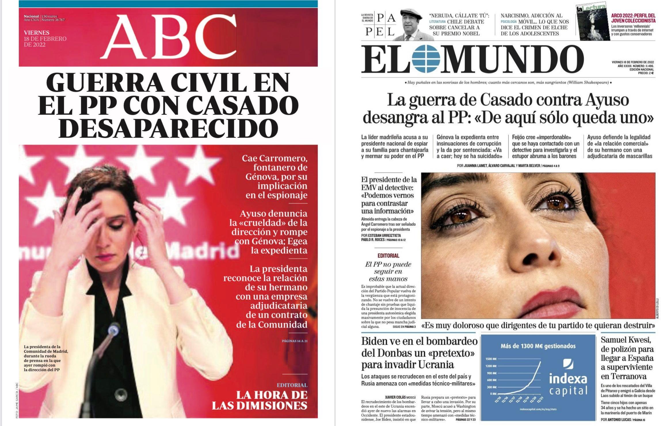 Portadas ABC y El Mundo sobre la guerra civil del PP