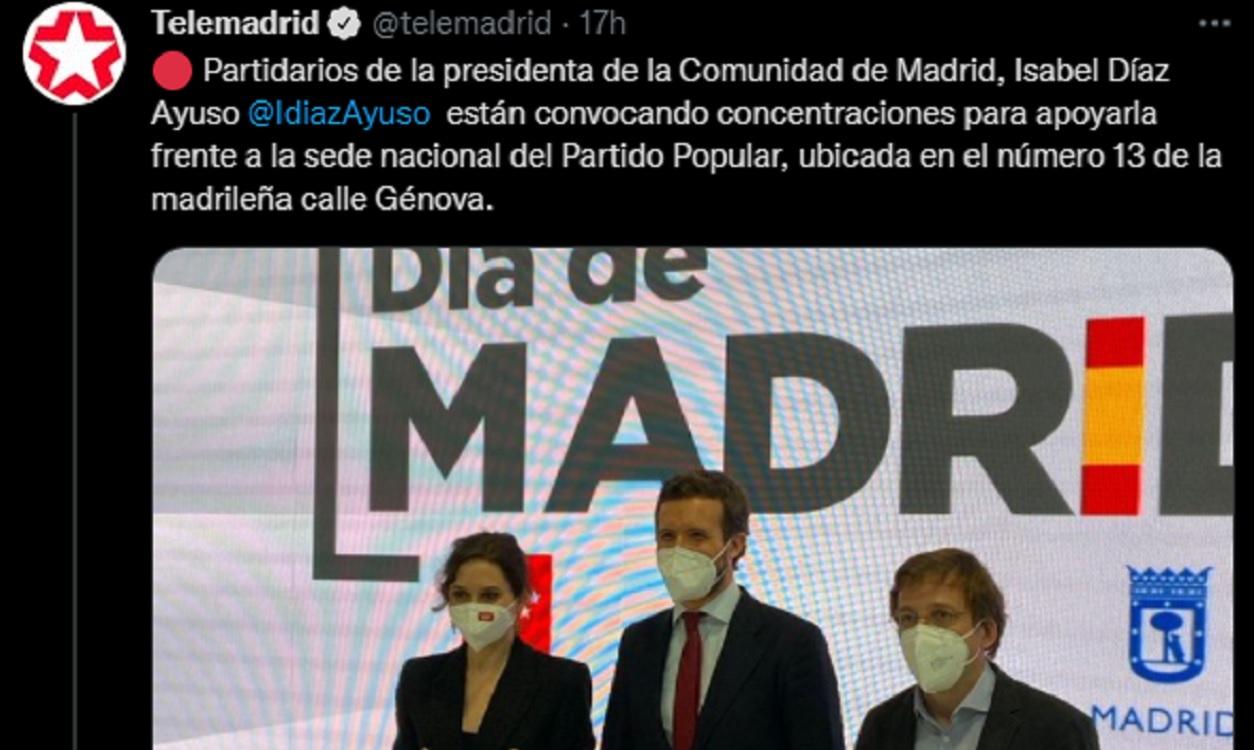 Tuit de Telemadrid informando de mensajes para concentrarse ante la sede del PP