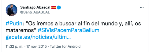 Tuit de Abascal sobre Putin en 2015