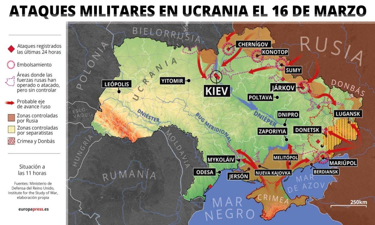 Mapa de los ataques militares en Ucrania del 16 de marzo. Europa Press.
