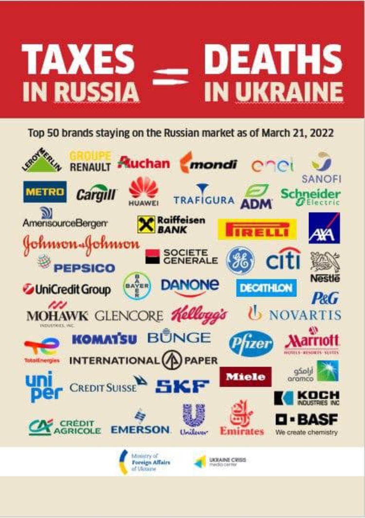 El mensaje del Ministerio de Exteriores de Ucrania, llamando al boicot de las empresas que se han mantenido en Rusia. Facebook