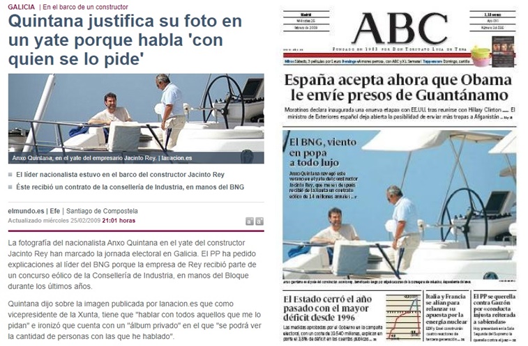 Imagen de la noticia recogida en El Mundo y la portada del diario ABC del 26 de febrero de 2009.