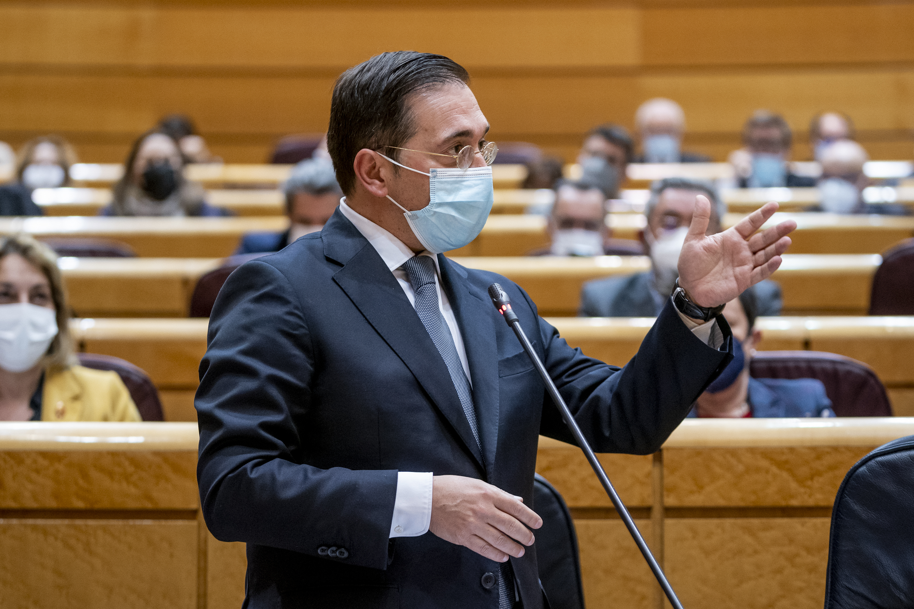 El ministro de Asuntos Exteriores, Unión Europea y Cooperación, José Manuel Albares, interviene en una sesión de control al Gobierno en el Senado.