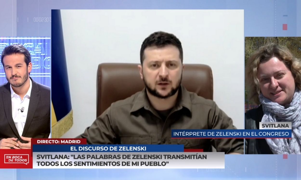 La traductora de Zelenski en el programa 'En boca de todos'. Cuatro.