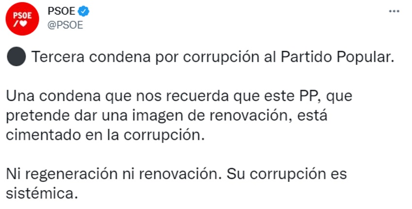 Tuit del PSOE criticando al PP por su tercera condena en Gürtel