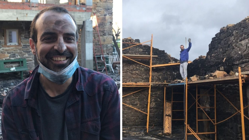 Javier Díaz en las labores de reconstrucción de su casa de El Bierzo