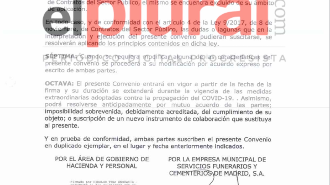 Firma del convenio del Ayuntamiento de Madrid y la funeraria. EP