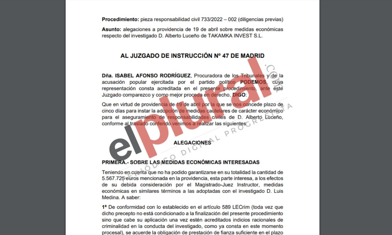 Escrito al juez Carretero por parte de Unidas Podemos como acusación al empresario Alberto Luceño. ElPlural.com