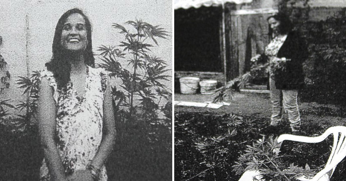 A la izquierda se puede ver a Triana Martínez posando delante de la plantación de marihuana que tenía en su casa. Al lado, su madre, cortando las plantas. Ambas fotos forman parte del sumario