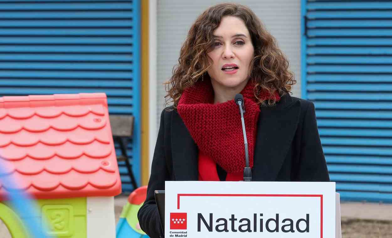 Isabel Díaz Ayuso, presidenta de la Comunidad de Madrid, en la presentación de la Estrategia de natalidad y conciliación 2022 2026, en una Escuela Infantil en enero. EP