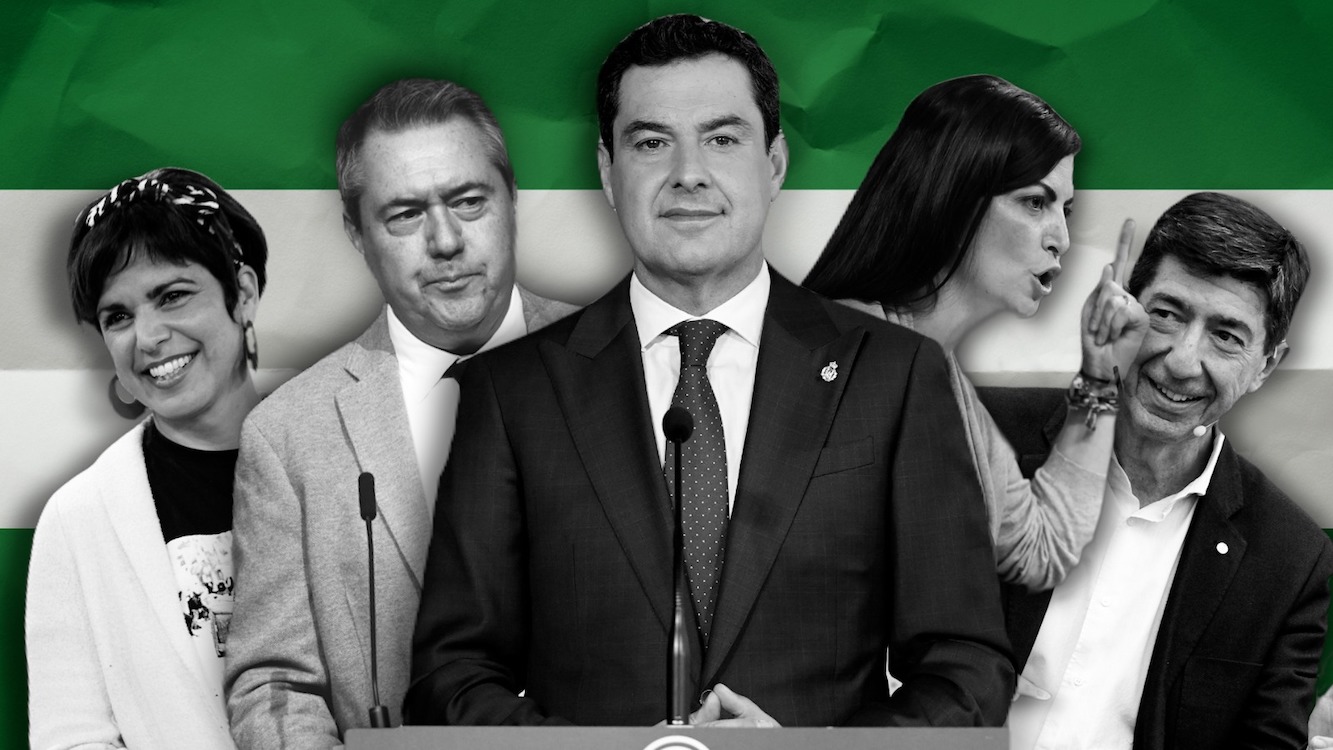 Candidatos a las elecciones de la Junta de Andalucía de Adelante, PSOE, PP, Vox y Cs. Aún falta por conocer el representante de Por Andalucía. EP